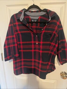 Vintage Tommy Hilfiger Plaid Button-Front Shirt - Navy & Red